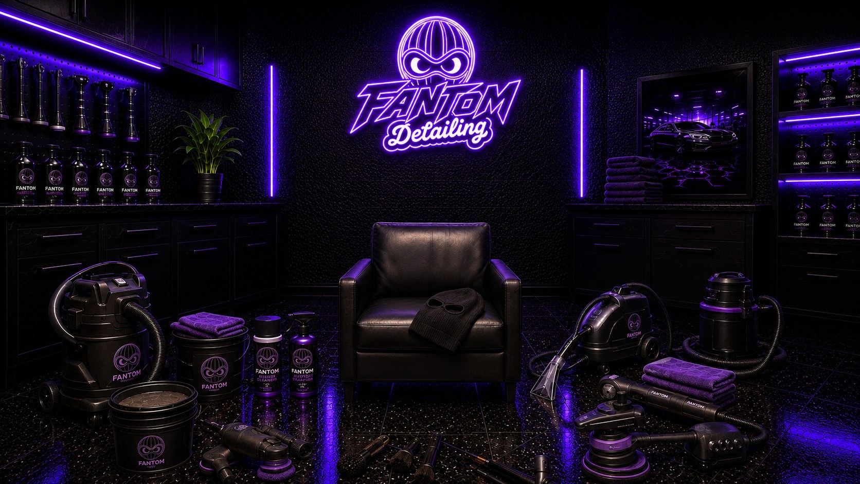 FANTOM Detailing studio — garaža sa neon FANTOM logom